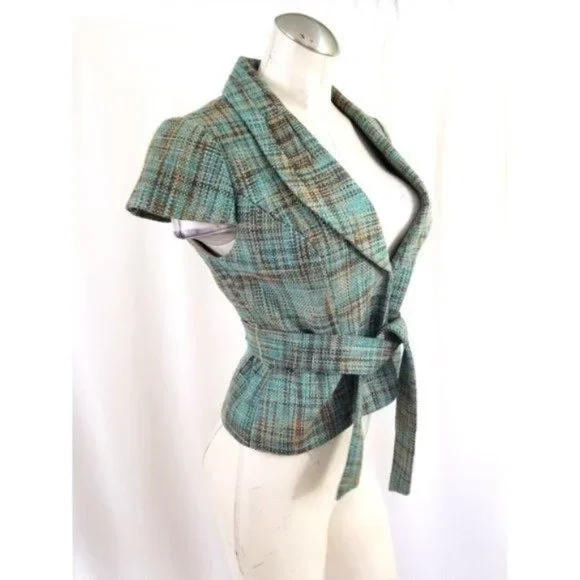 The Limited Cropped Plaid Blazer in Blue and Brown - Picture 2 of 6